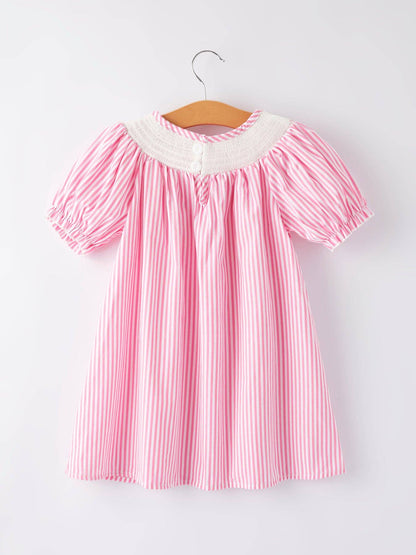 Girls Striped Smocking Embroidered Pink