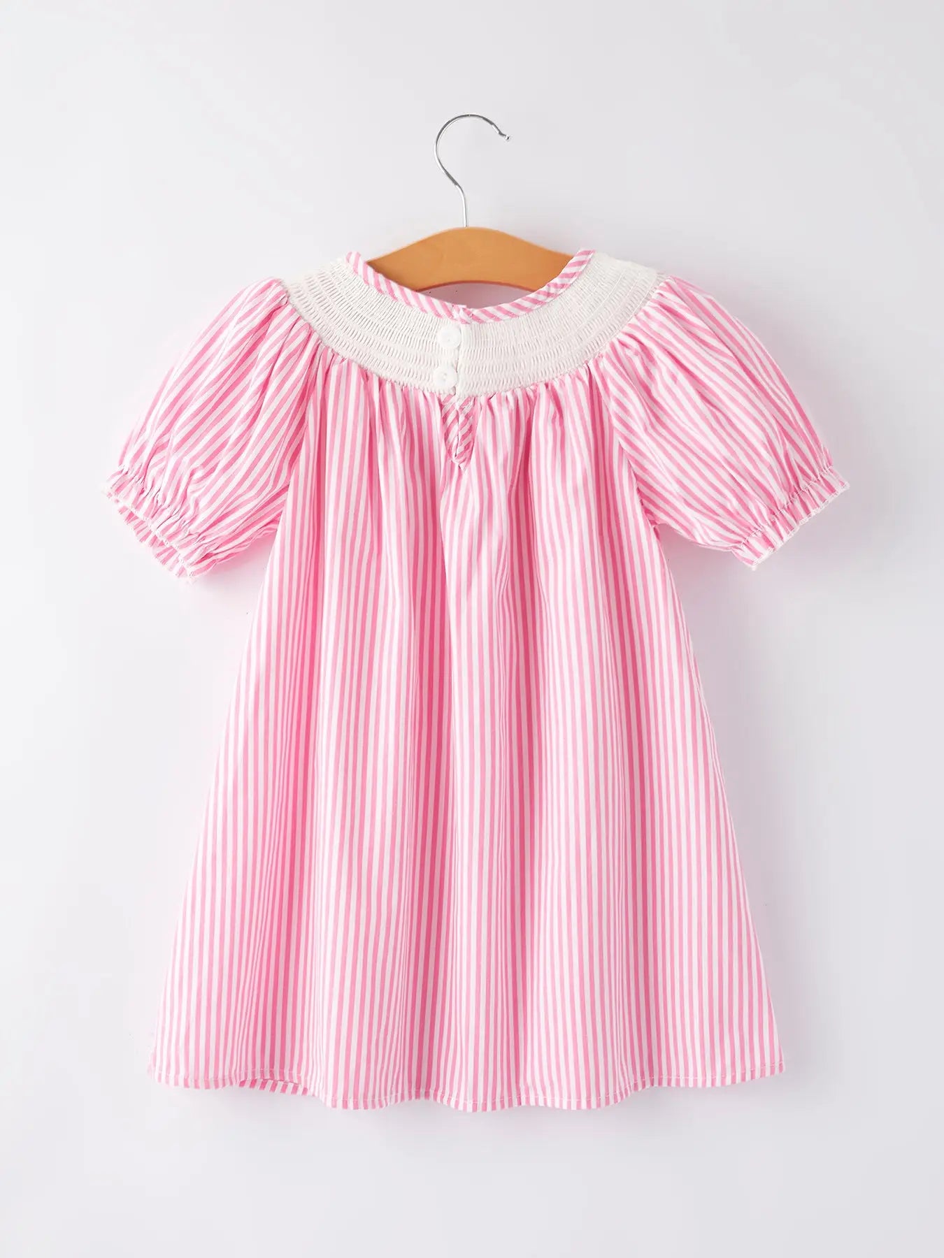 Girls Striped Smocking Embroidered Pink Dress