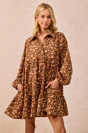 Brown Floral Print Corduroy Dress