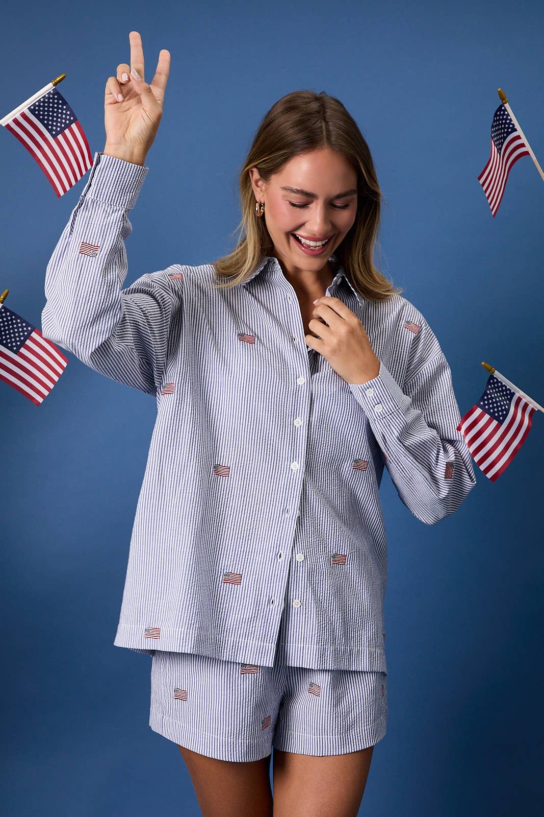 Navy & White Stripe Flag Button Down Top