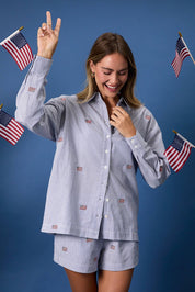 Navy & White Stripe Flag Button Down Top