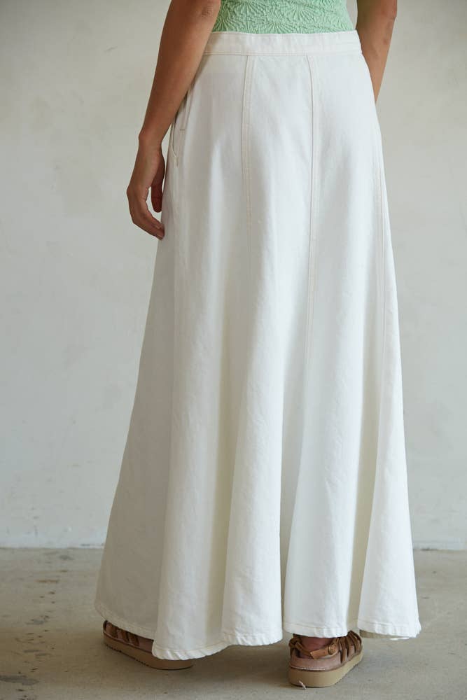 Cream Denim Maxi Flare Skirt