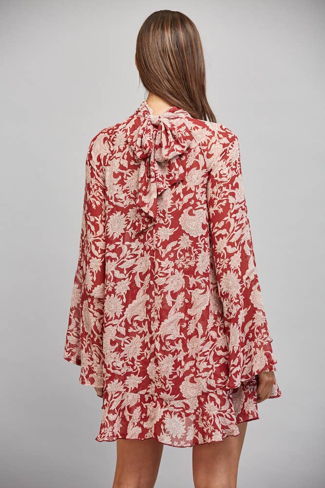 Red Floral Neck Tie Mini Dress