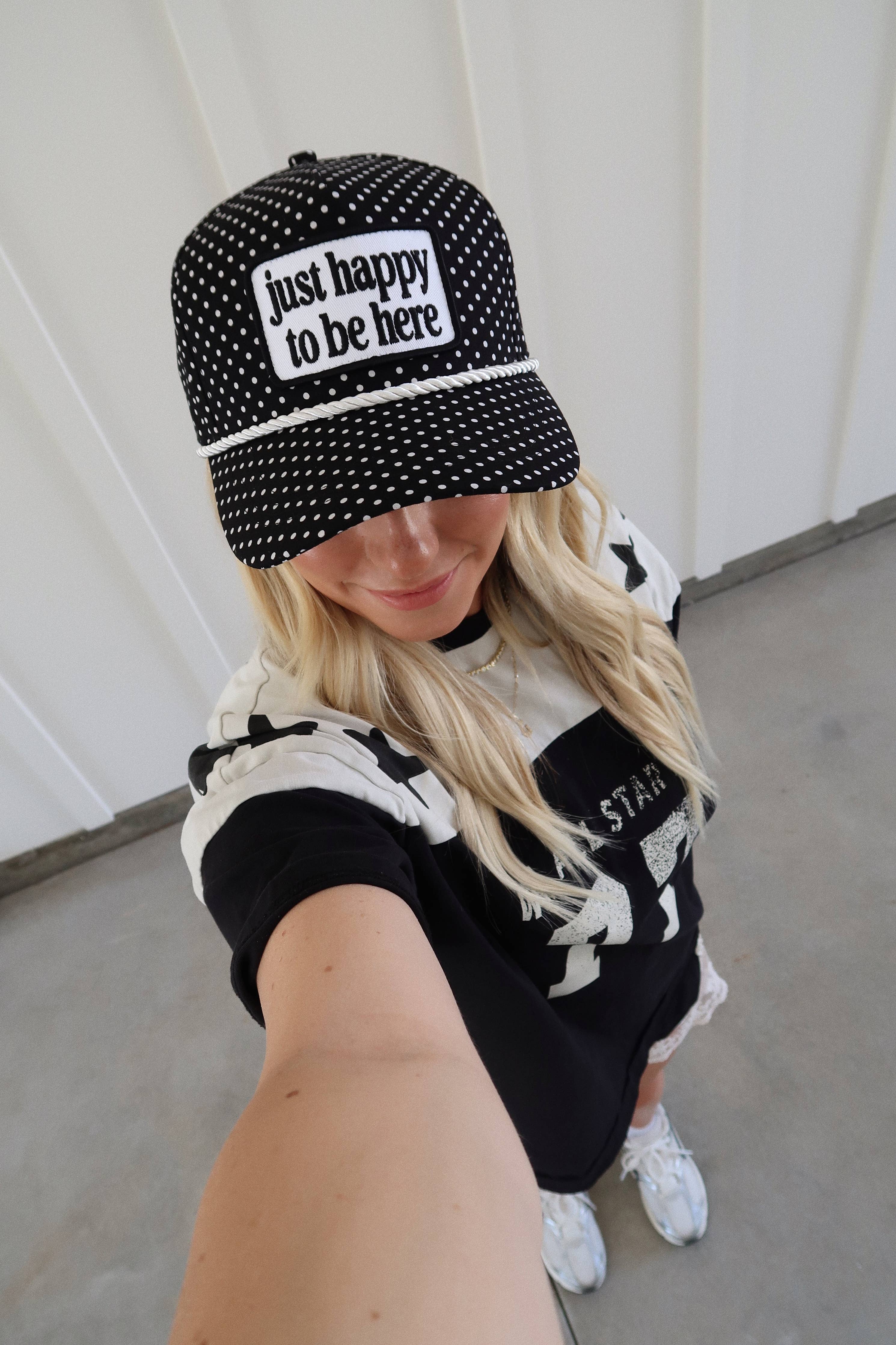 Just Happy To Be Here Polka Dot Patch Hat Game Day Hat showing white rope detail across the front