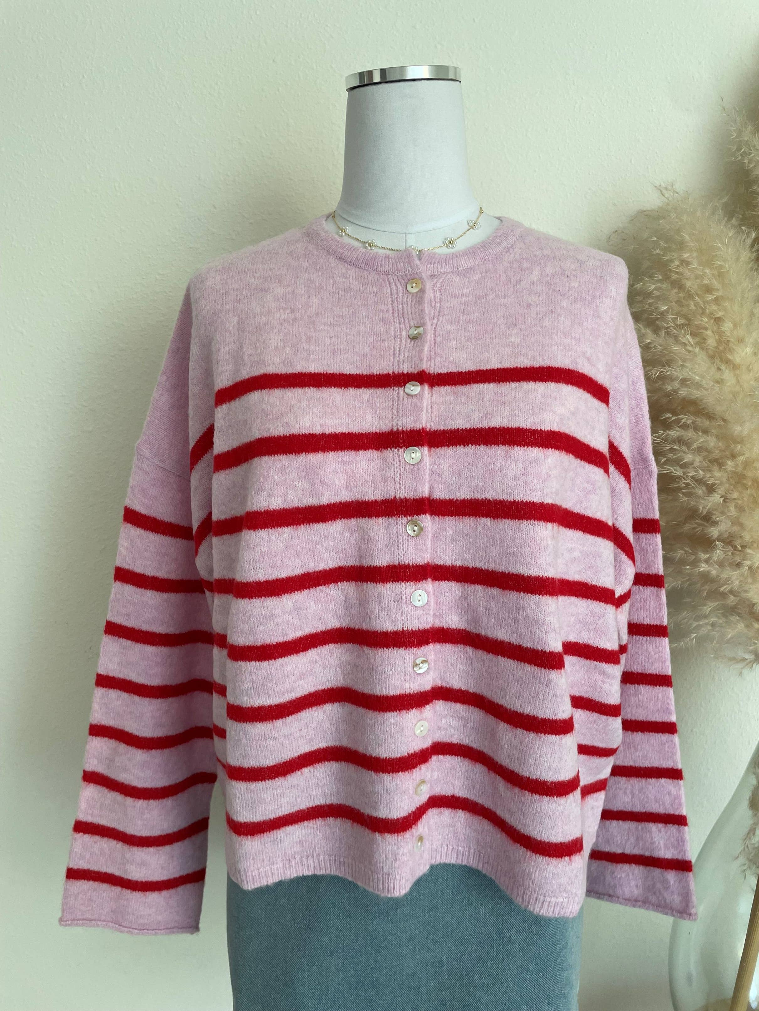 Pink & Red Striped Oversized Cardigan