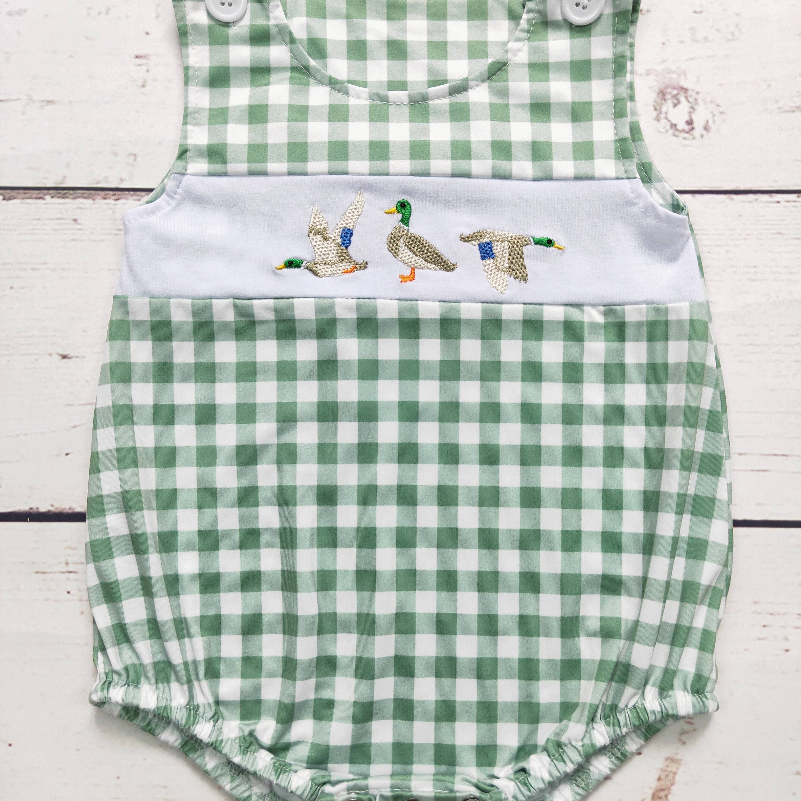 Baby Gingham Duck Romper — color: green and white gingham check and round neckline