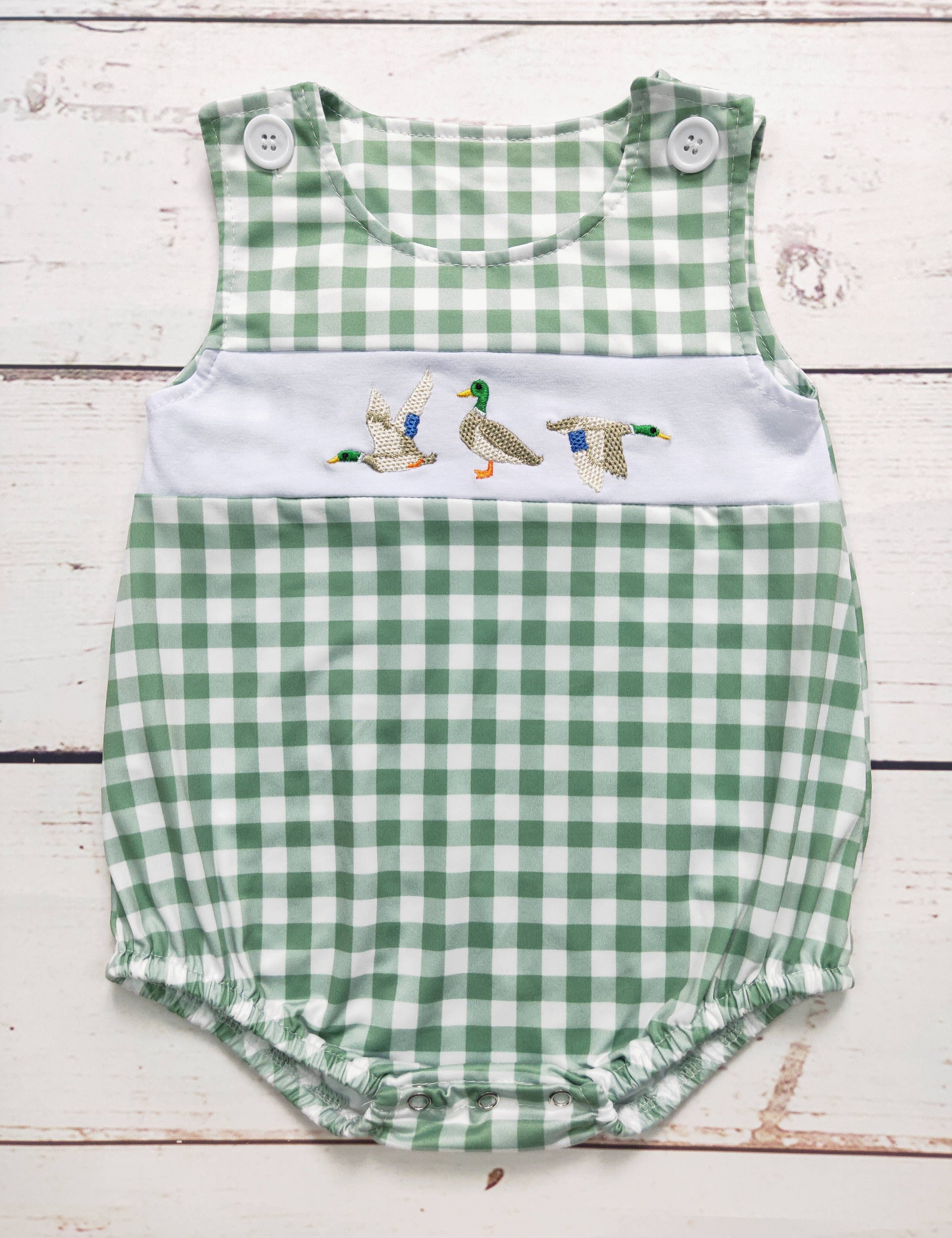 Baby Gingham Duck Romper — color: green and white gingham check and round neckline