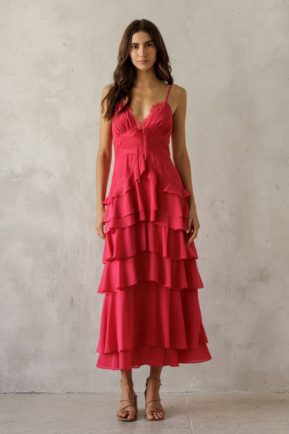 Pink Lace Trim Tiered Midi Dress