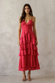 Pink Lace Trim Tiered Midi Dress