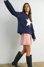 Navy Drop Shoulder Star Pattern Sweater