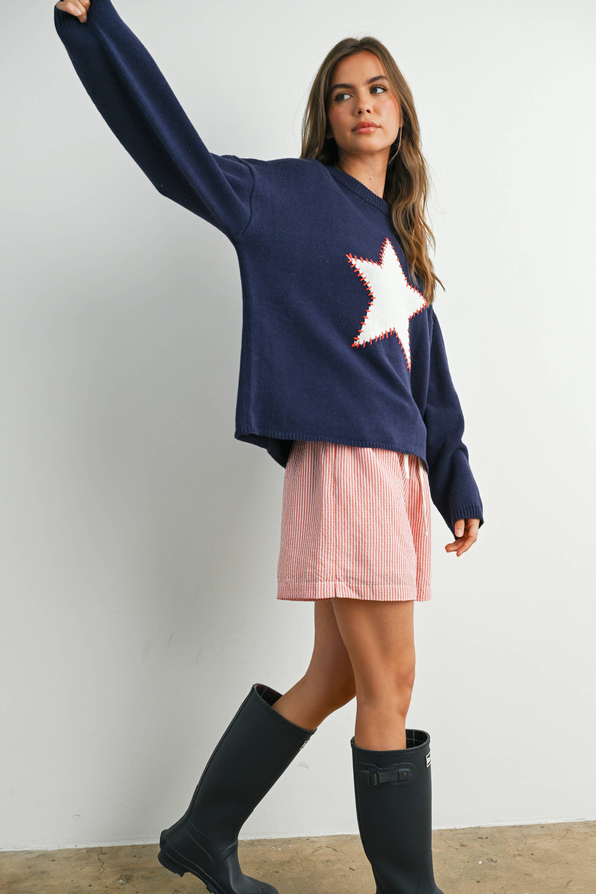 Navy Drop Shoulder Star Pattern Sweater