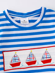 Sailboat Smocking Embroidered Striped Boys