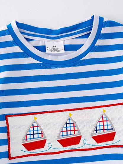 Sailboat Smocking Embroidered Striped Boys