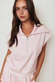 Pink Gingham Zip Up Top Short Set