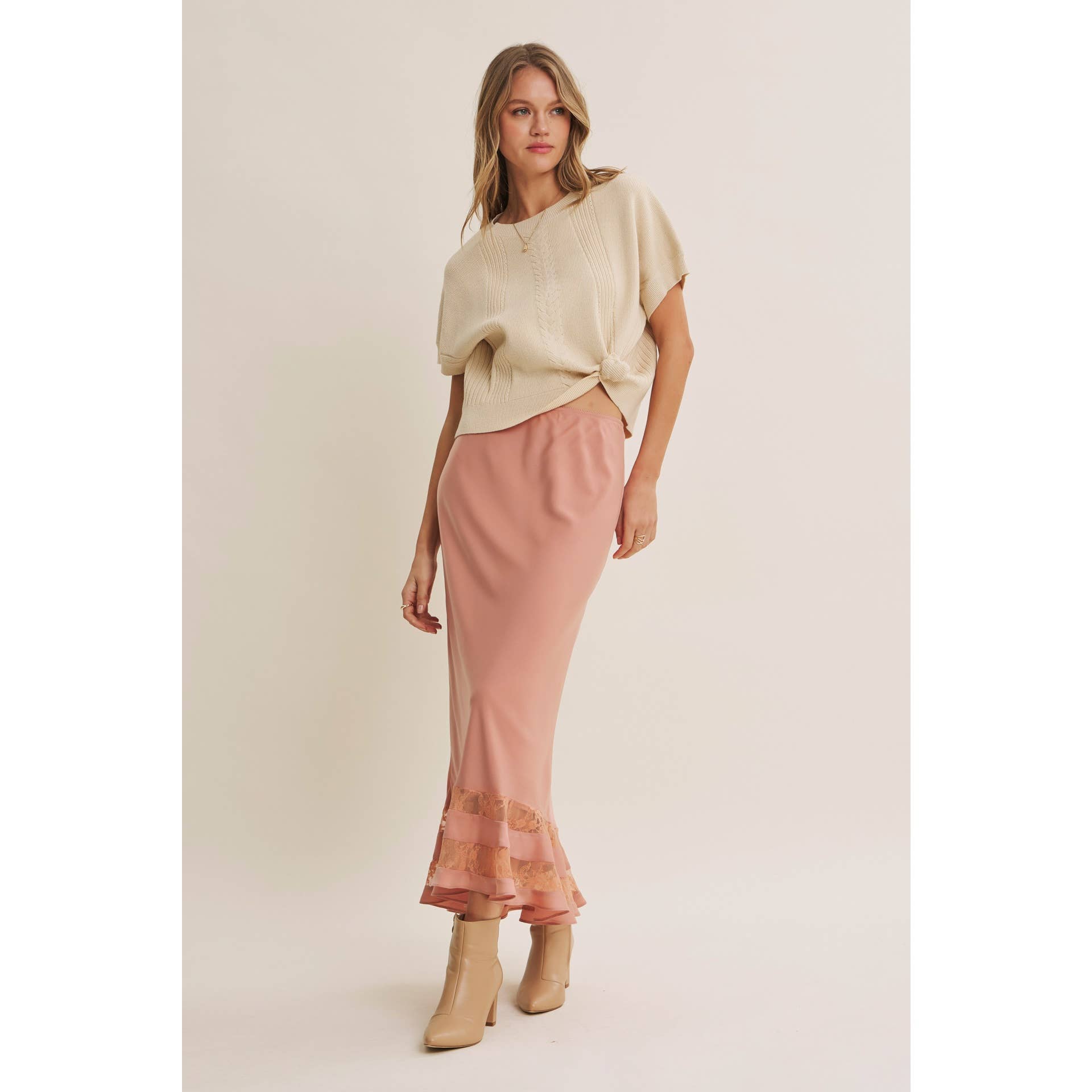 Coral Satin Lace Maxi Skirt