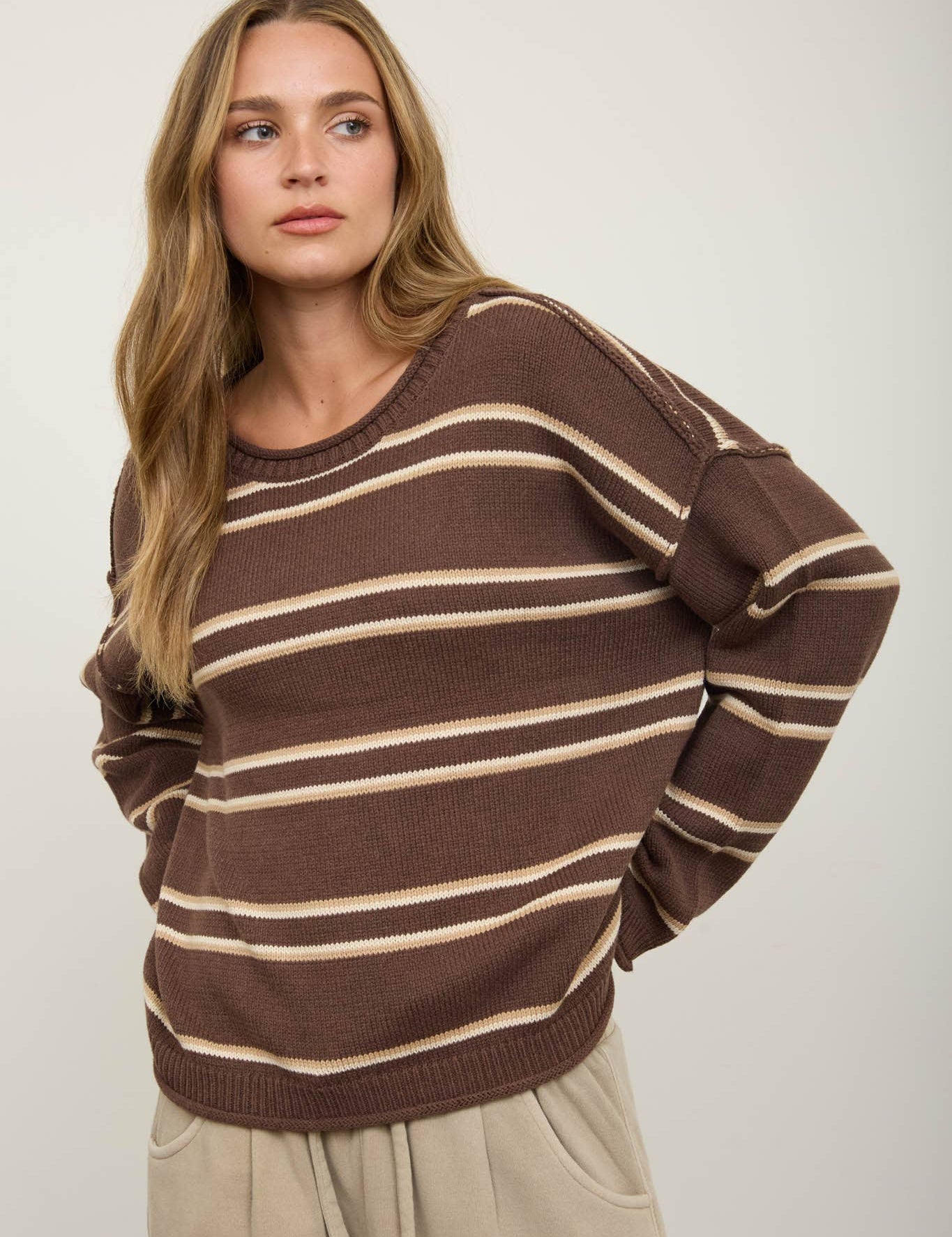 Brown Striped Pullover — color: brown with cream stripes and round neckline