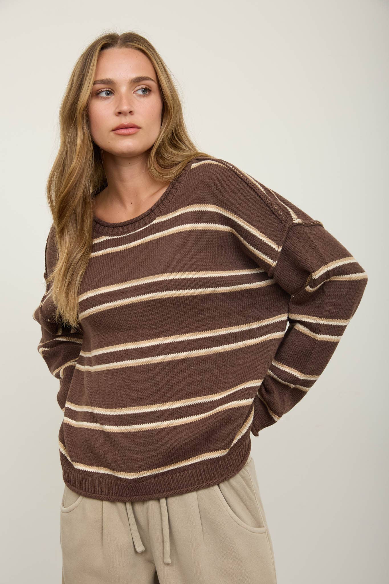 Brown Striped Pullover — color: brown with cream stripes and round neckline