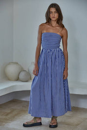 Blue Striped Strapless Flare Maxi Dress