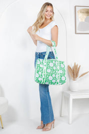Green Floral Quilted Tote Bag