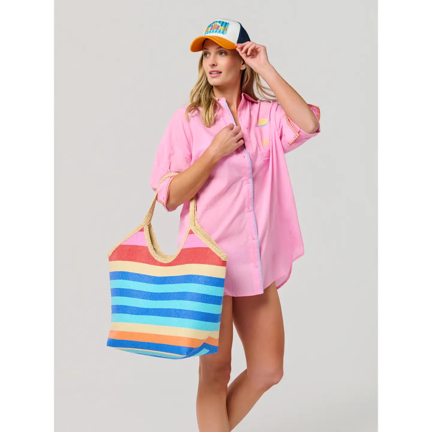 Blue Striped Tote showing double shoulder straps