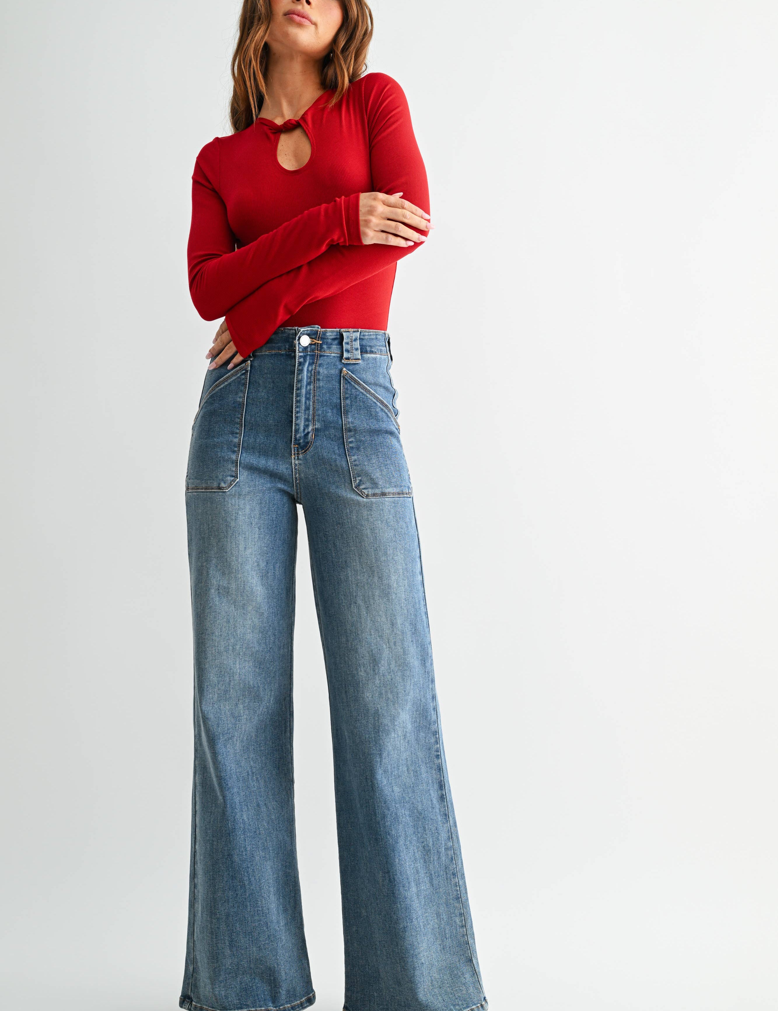Patch Pocket Wide Leg Flare showing front pockets