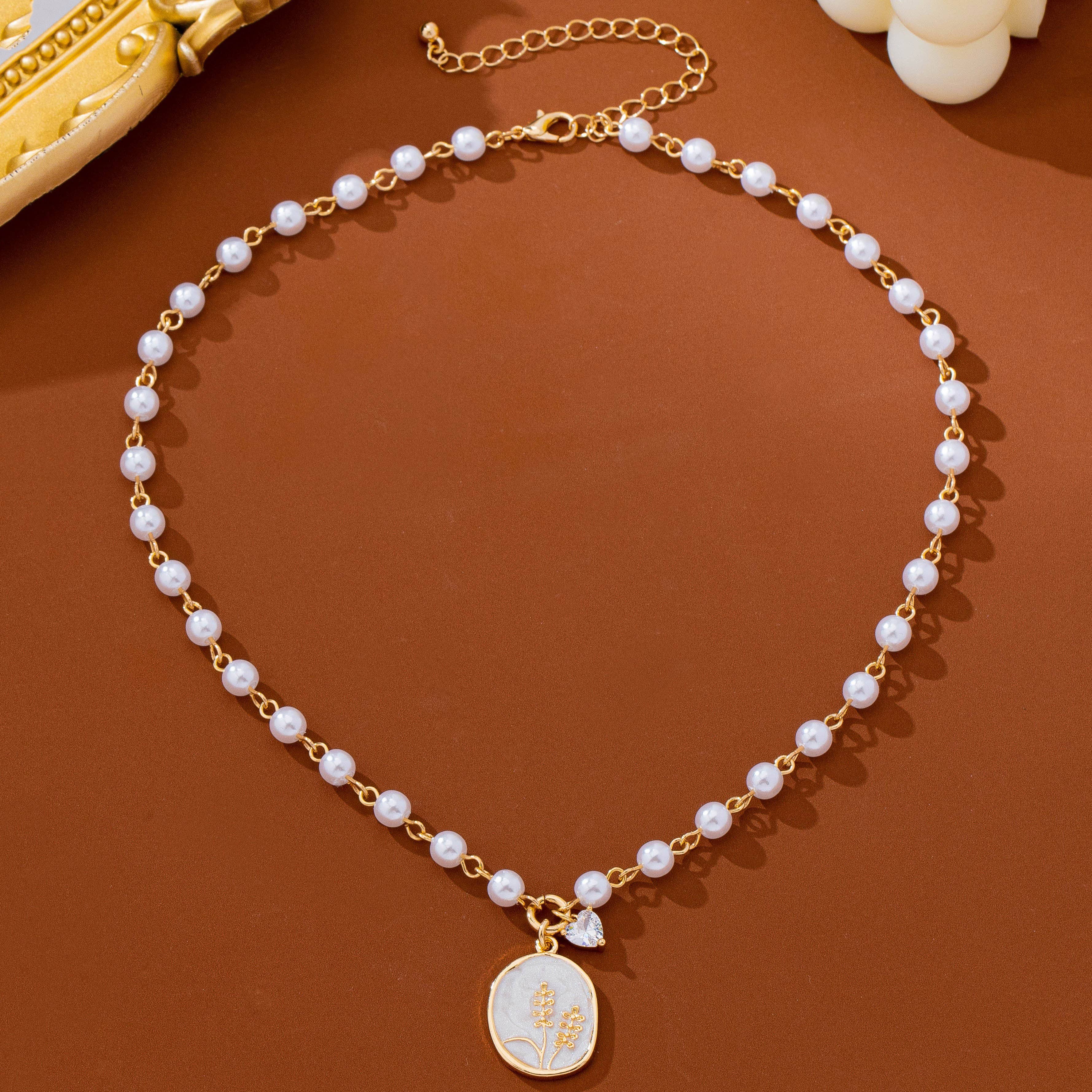 Gold Pearl Chain Floral Pendant Necklace