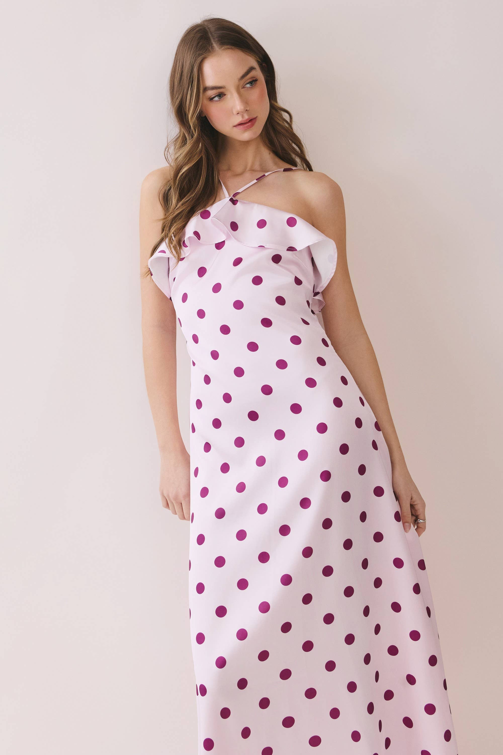 Pink Polka Dot Ruffle Trim Dress
