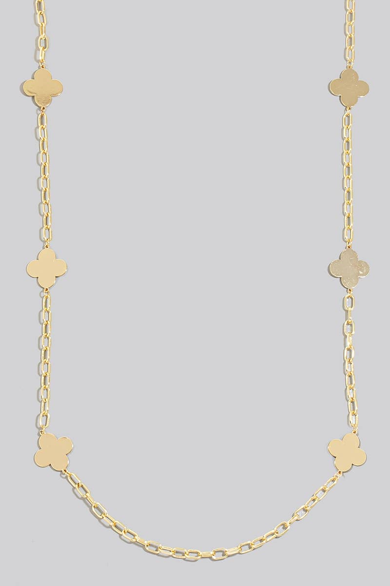 Flat Metallic Clover Station Charms Long Chain Necklace