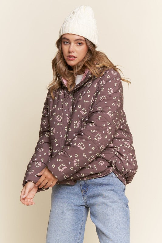 Brown Floral Bow Puffer Jacket