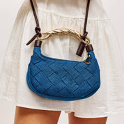 Blue Woven Denim Twist Handle Crossbody