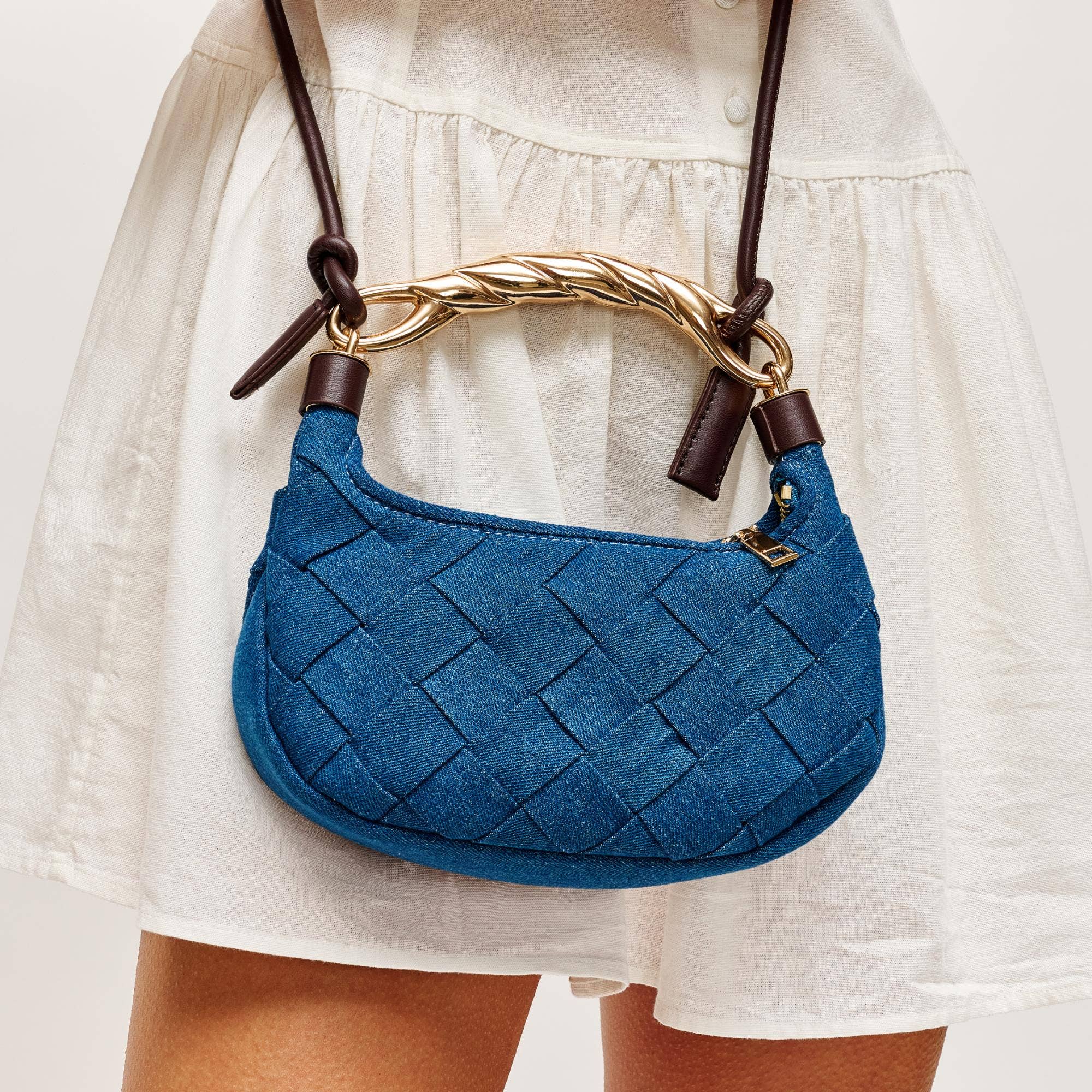 Blue Woven Denim Twist Handle Crossbody