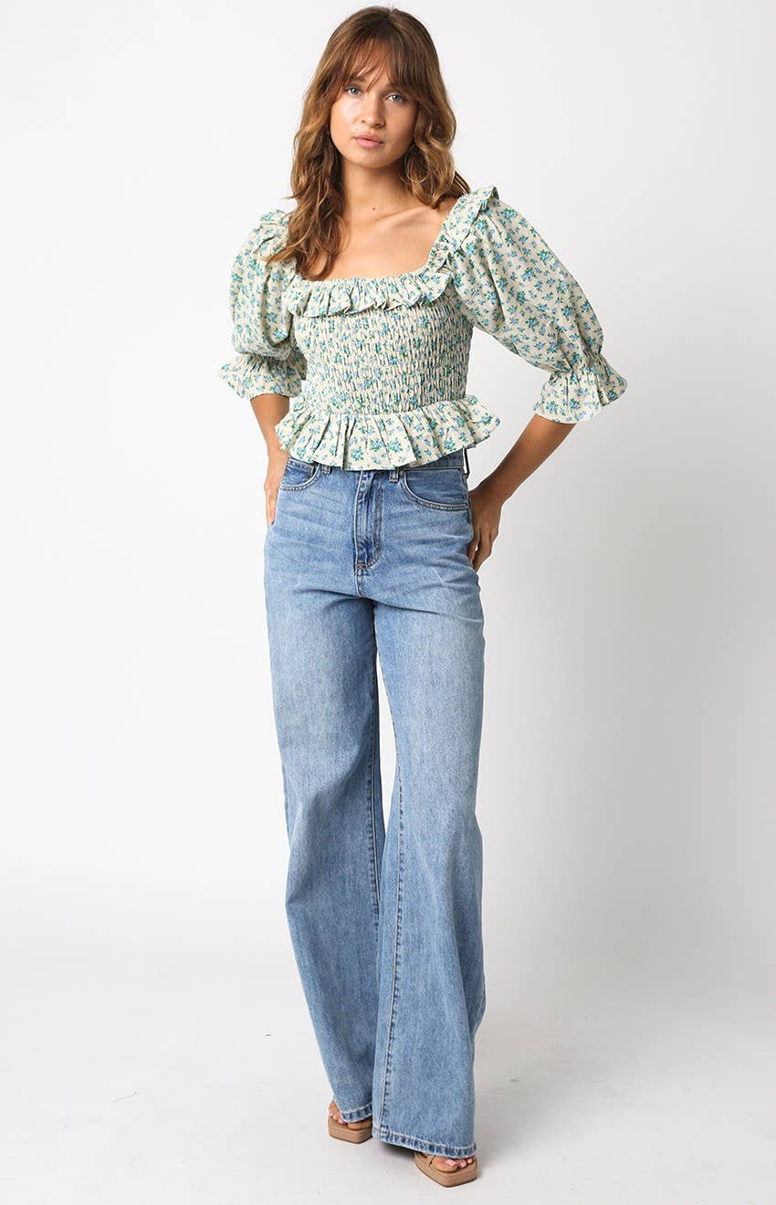 Blue Floral Linen Puff Sleeve Top