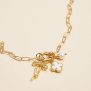 Gold Dipped Bow Charm Necklace with Clover & Pearl