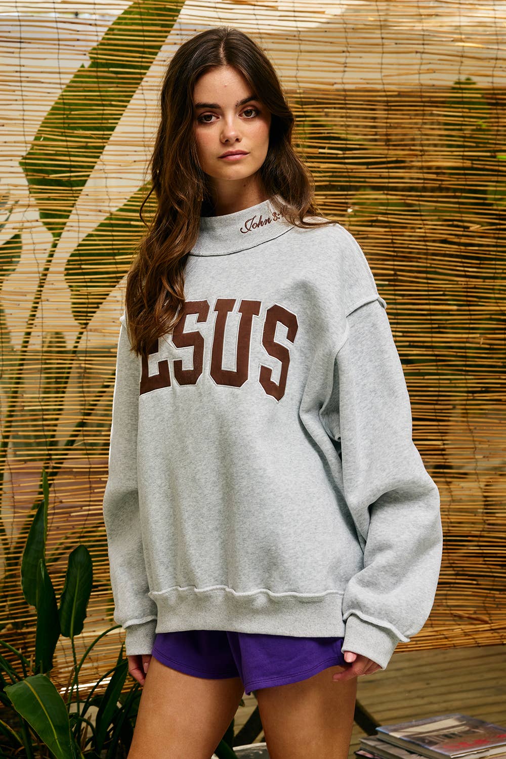 Brown Embroidered Jesus Gray Mockneck
