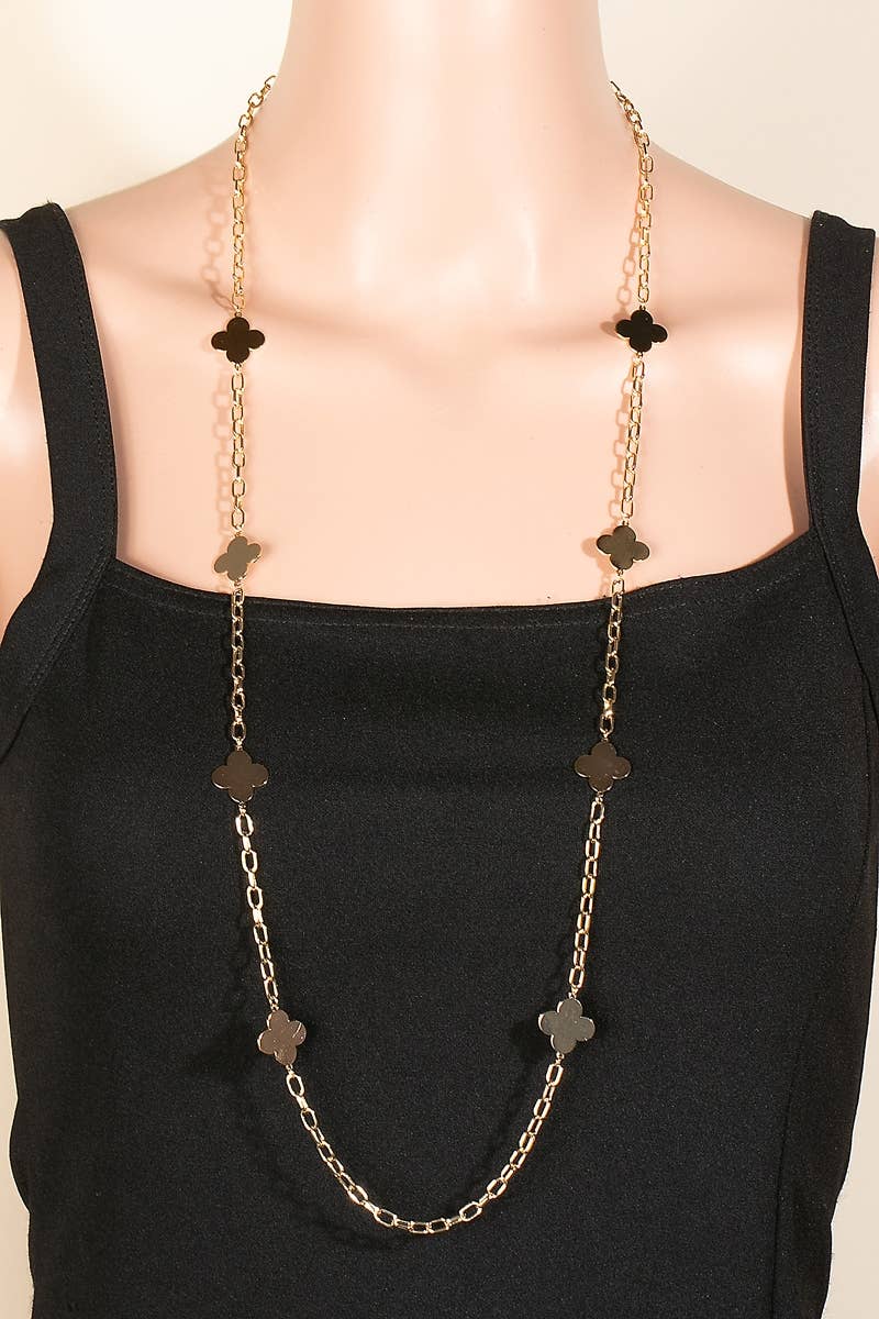 Flat Metallic Clover Station Charms Long Chain Necklace