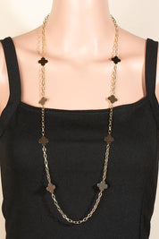 Flat Metallic Clover Station Charms Long Chain Necklace