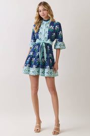 Floral Print Tiered Mini Dress with Waist Tie
