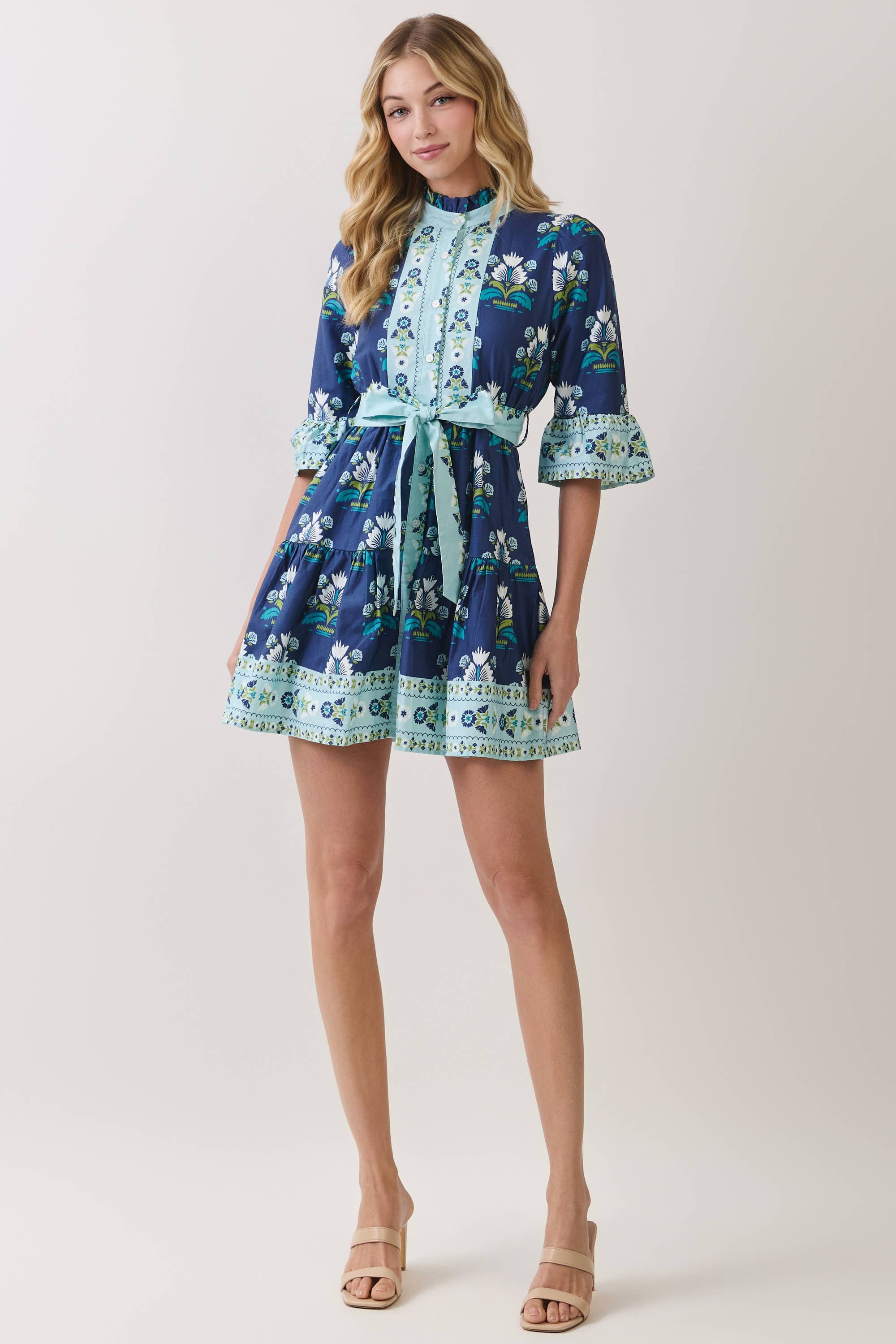 Floral Print Tiered Mini Dress with Waist Tie
