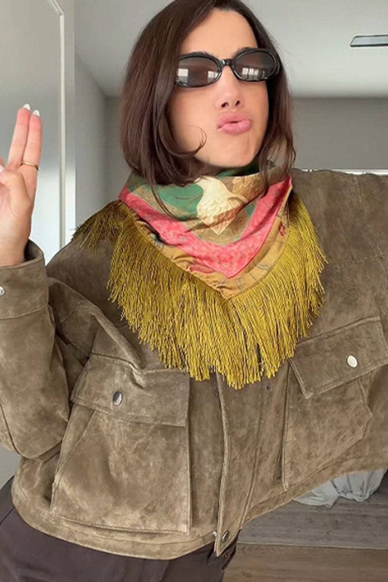 Green Floral Crane Print Square Scarf