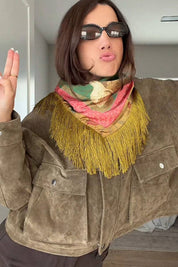 Green Floral Crane Print Square Scarf