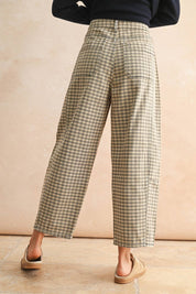Beige Checker Pattern Barrel Pants