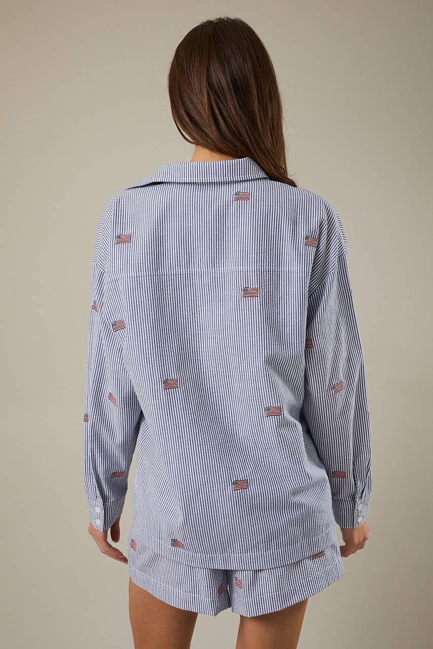 Navy & White Stripe Flag Button Down Top