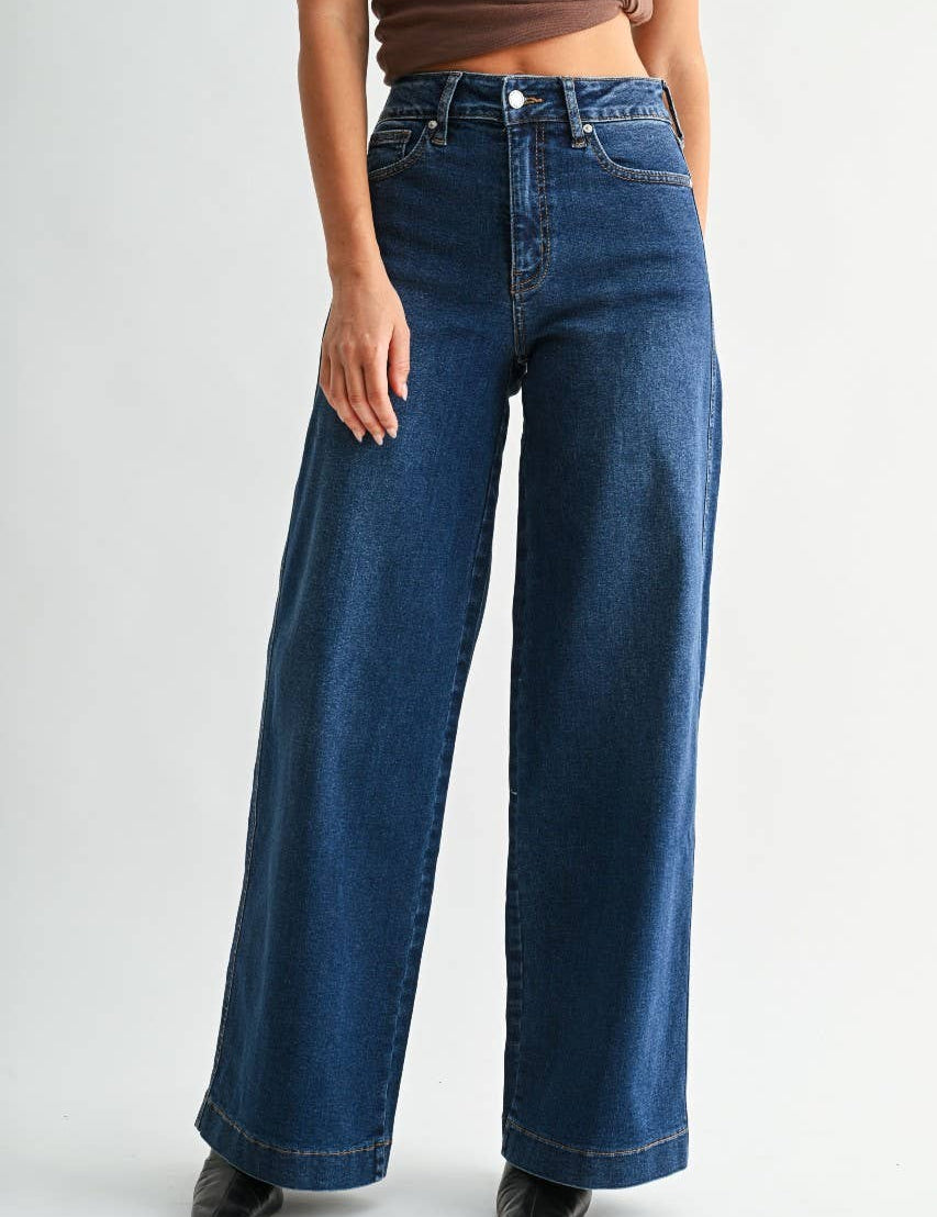 Blue High Rise Full Length Wide Leg — dark blue