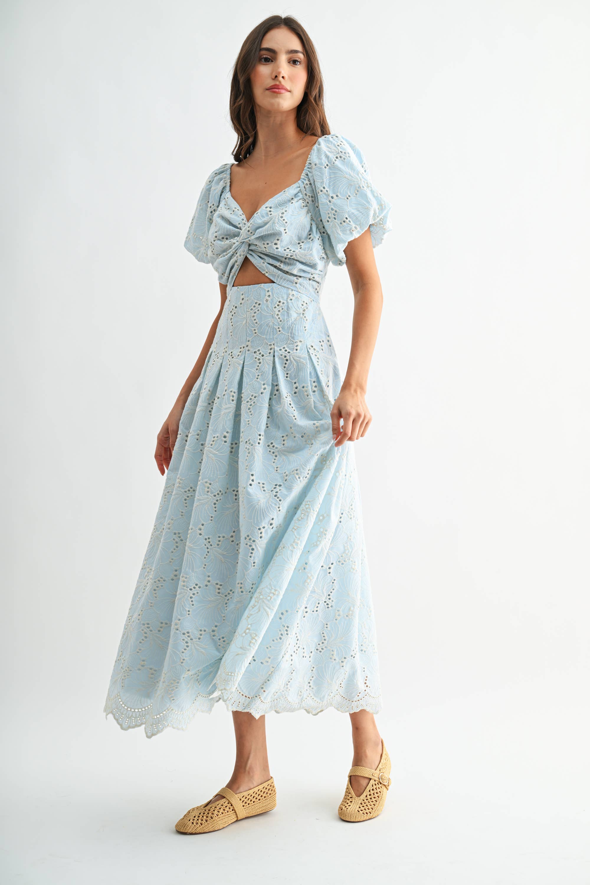 Blue Eyelet Puff Sleeve Maxi Dress