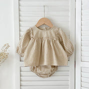 Gingham Baby Romper with Long Sleeve Puff Design