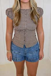 Brown Plaid Cinched Top