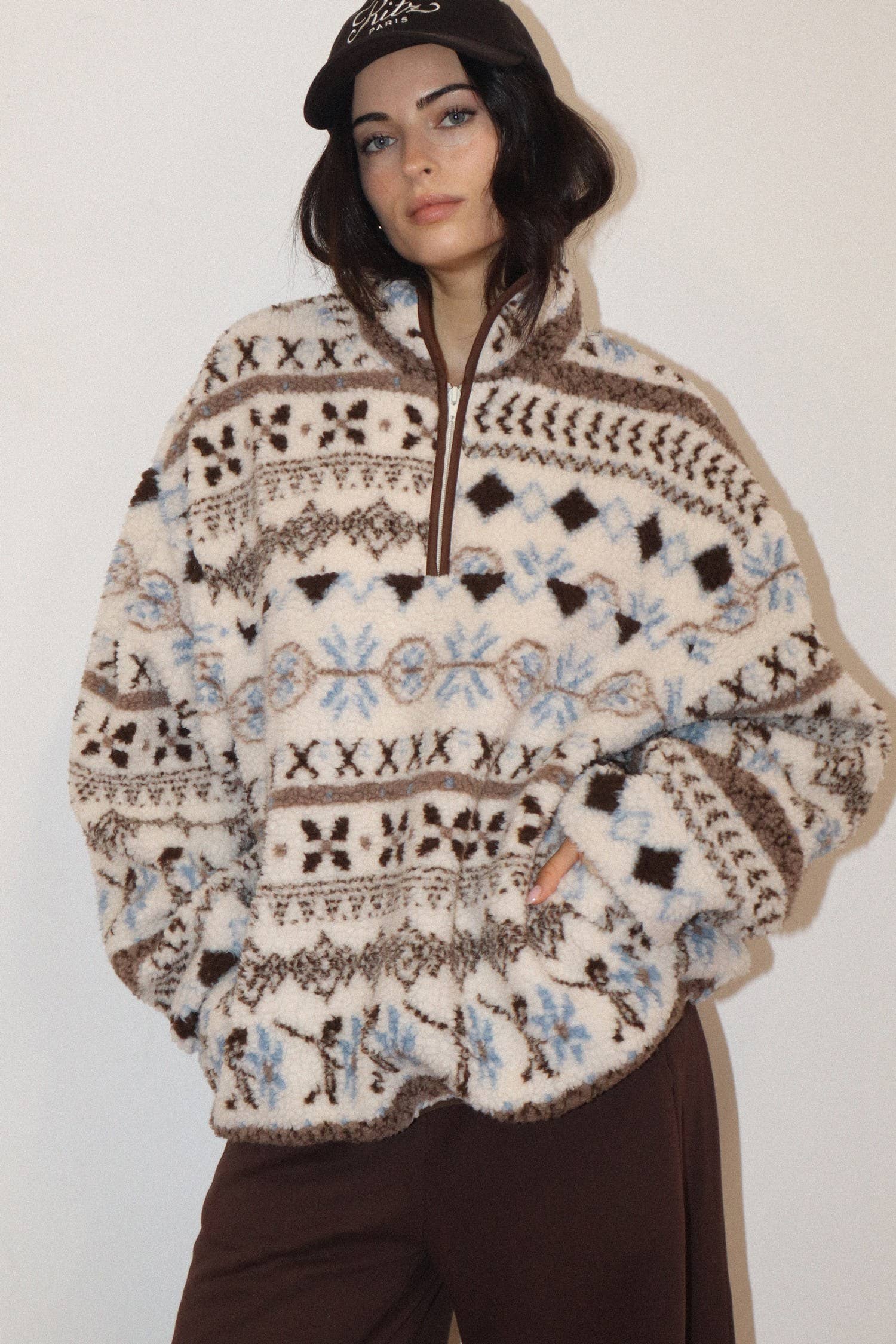 Cream Patterned Fleece Pullover showing sherpa