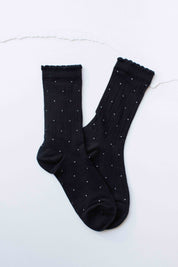 Black Ribbed Polka Dot Crew Socks — ribbed and polka dot