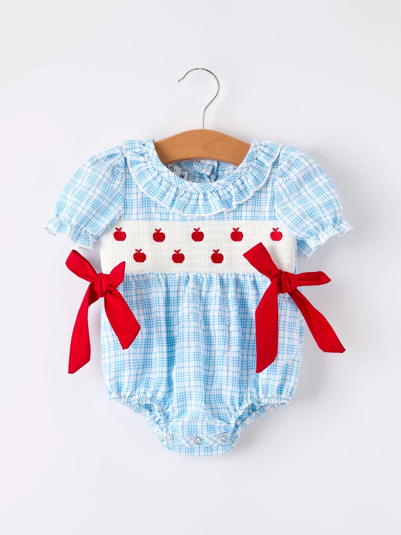 Back-To-School Apple Embroidery Plaid Girls' Romper