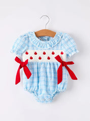 Back-To-School Apple Embroidery Plaid Girls' Romper